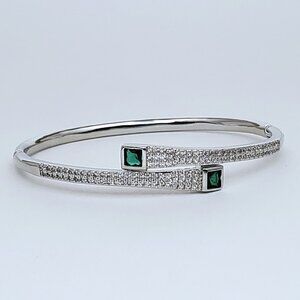 1ct Green Emerald Gemstone 2ct Diamond Womens Sterling Silver Bangle Bracelet